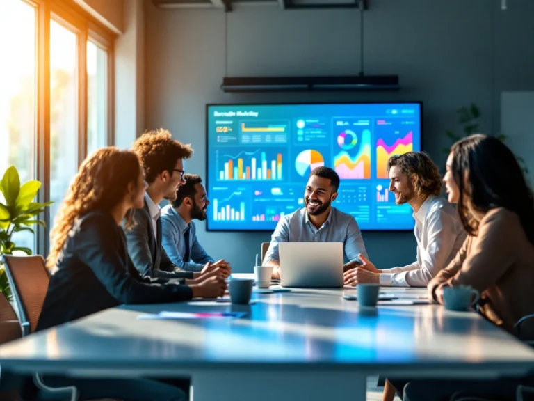 Dynamische kantooromgeving met diverse professionals rond een tafel, verlicht door zonlicht. Achtergrond toont kleurrijke data op scherm.