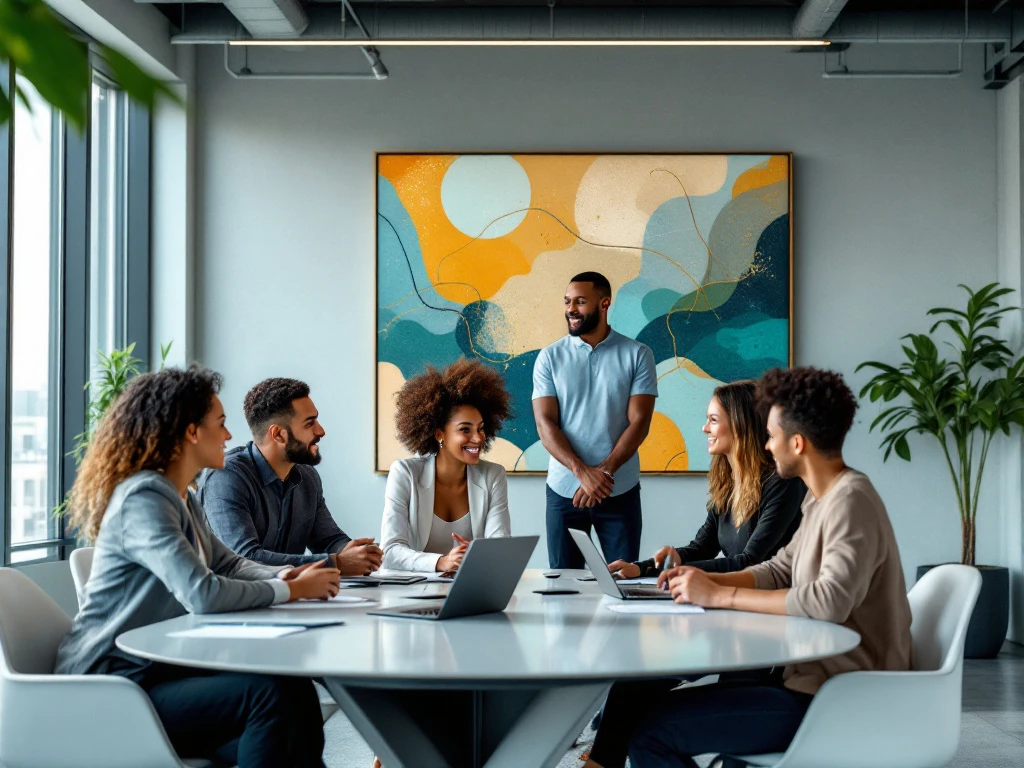 Een diverse groep professionals vergadert in een modern kantoor met veel licht, technologie en kunst, symbool voor innovatie en groei.